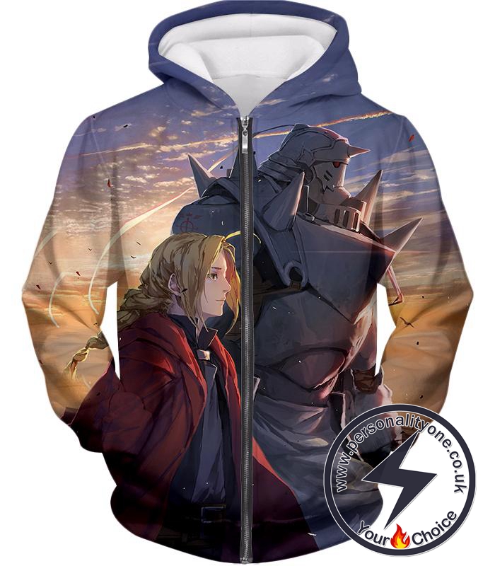 Fullmetal Alchemist Best Anime Art Edward x Alphonse Amazing Graphic Promo Zip Up Hoodie